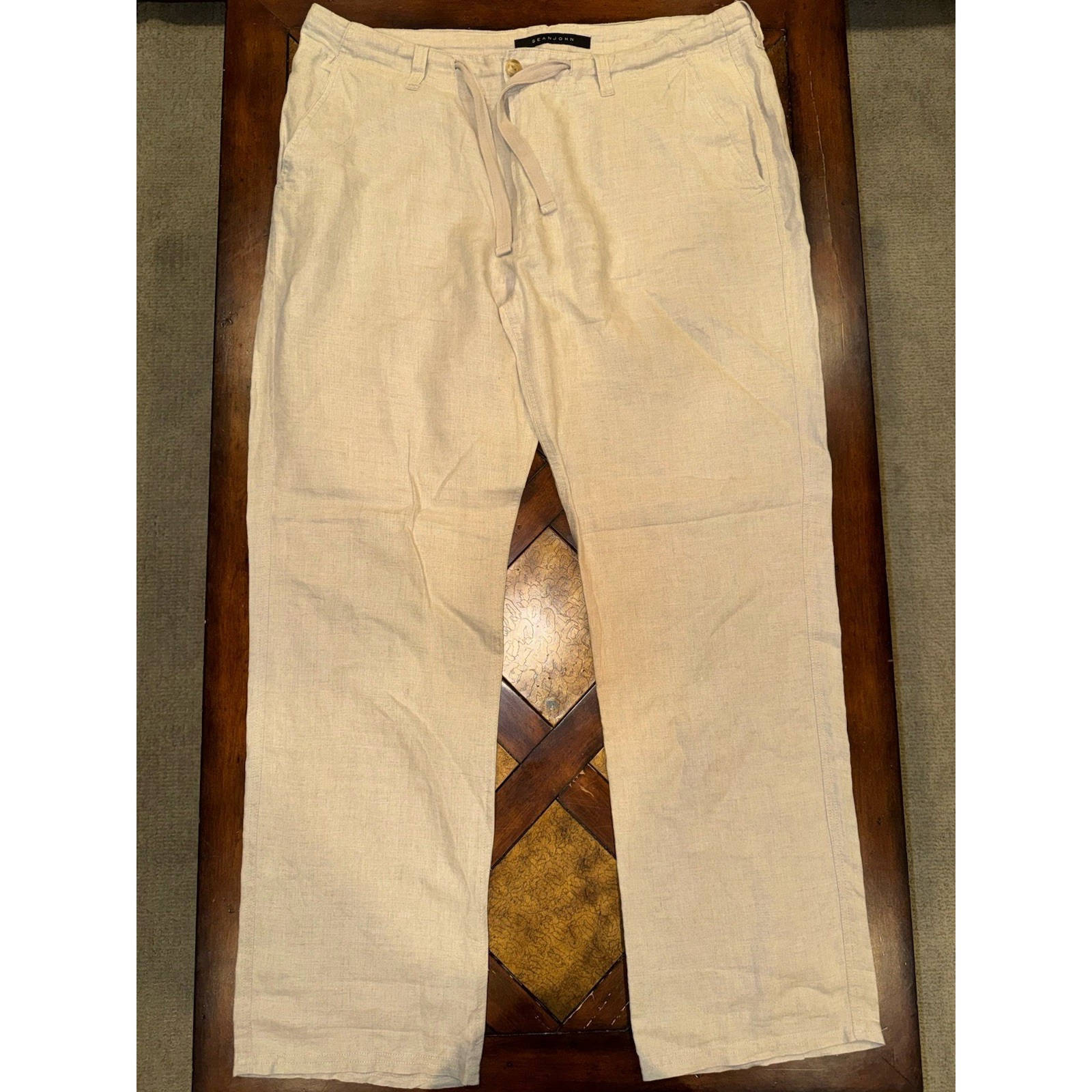 Sean John 100% Linen Pants Men's Beige 38/34 Drawstring Wide Leg Resort Vacation