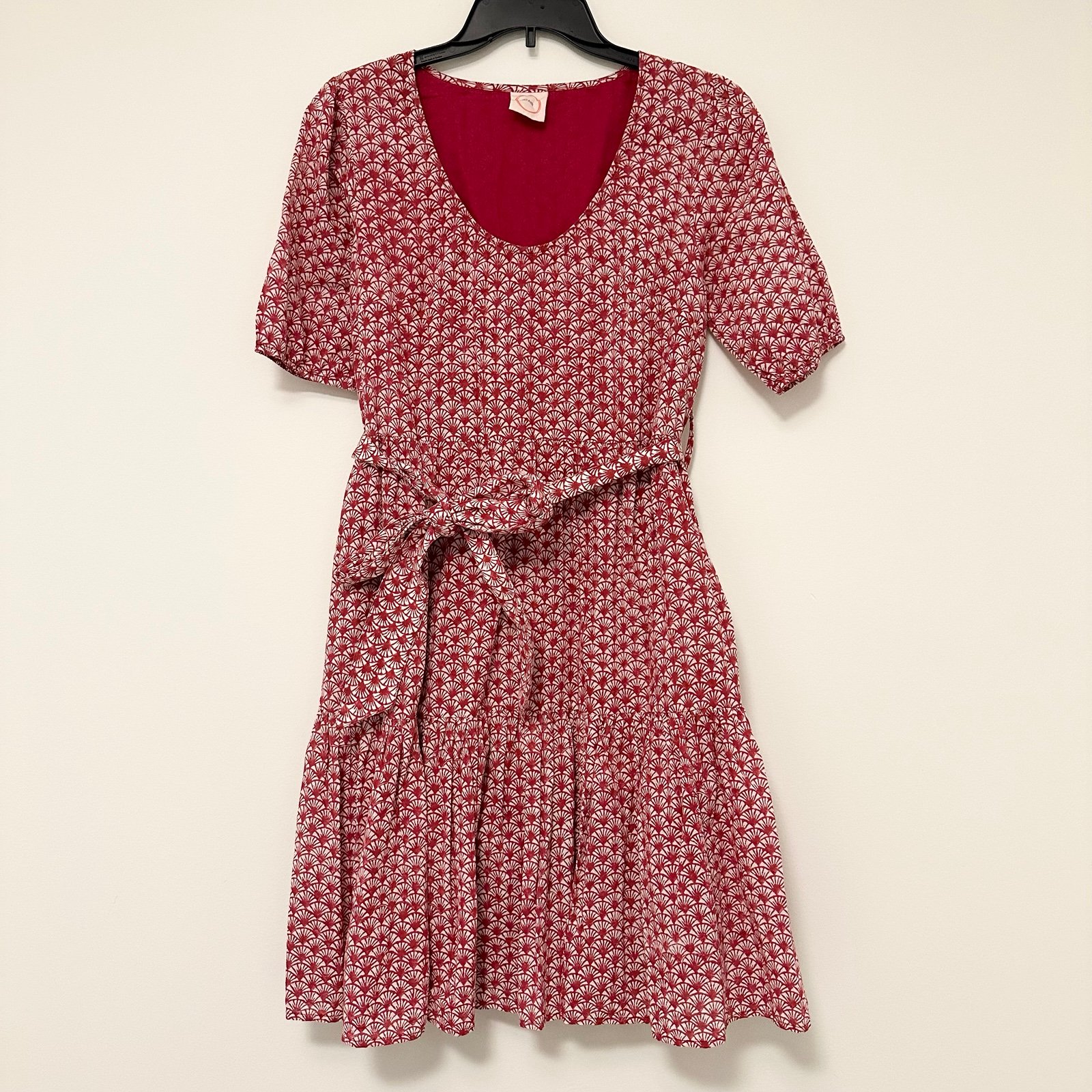 BFAIR Fair Trade Red and White Shell Print Tiered Midi Sundress Sustainably Made