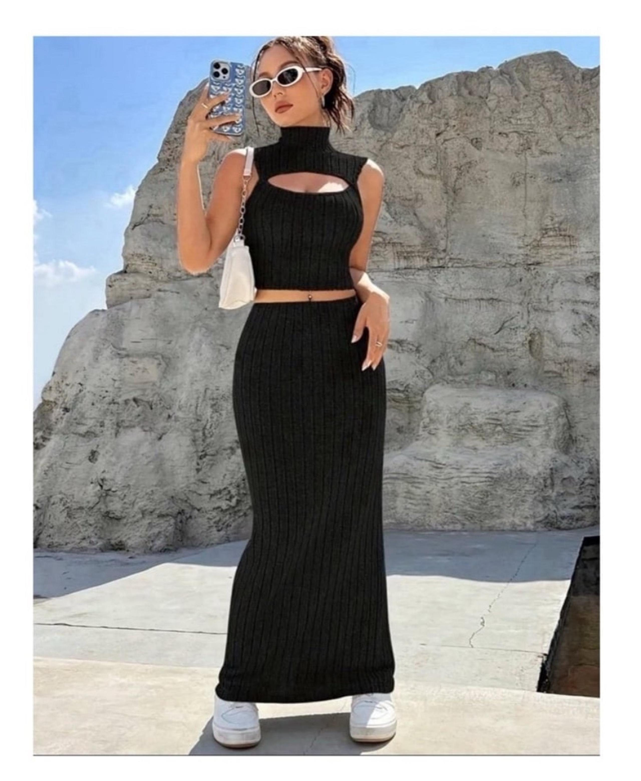 New 2pc Women’s High Neck Cut Out Top & Skirt Set