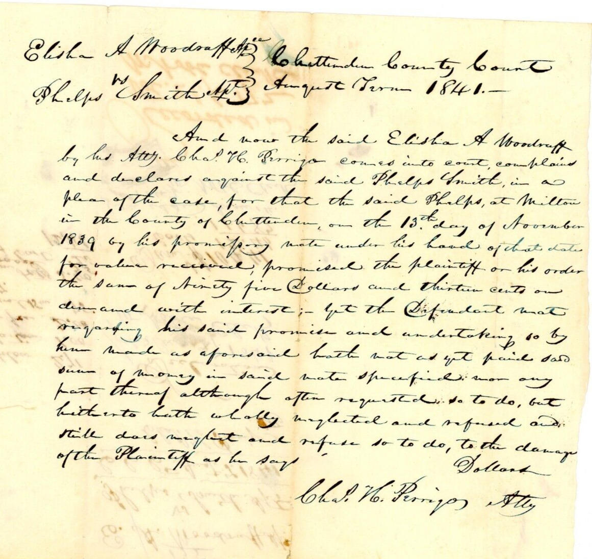 1841 Handwritten Court Document Elisha A Woodruff Phelps W Smith Chittenden VT