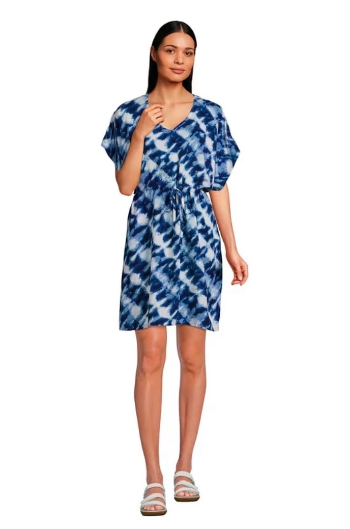 Lands’ End Sheer Oversized Short Sleeve Gathered Waist Swim Cover-up Dress