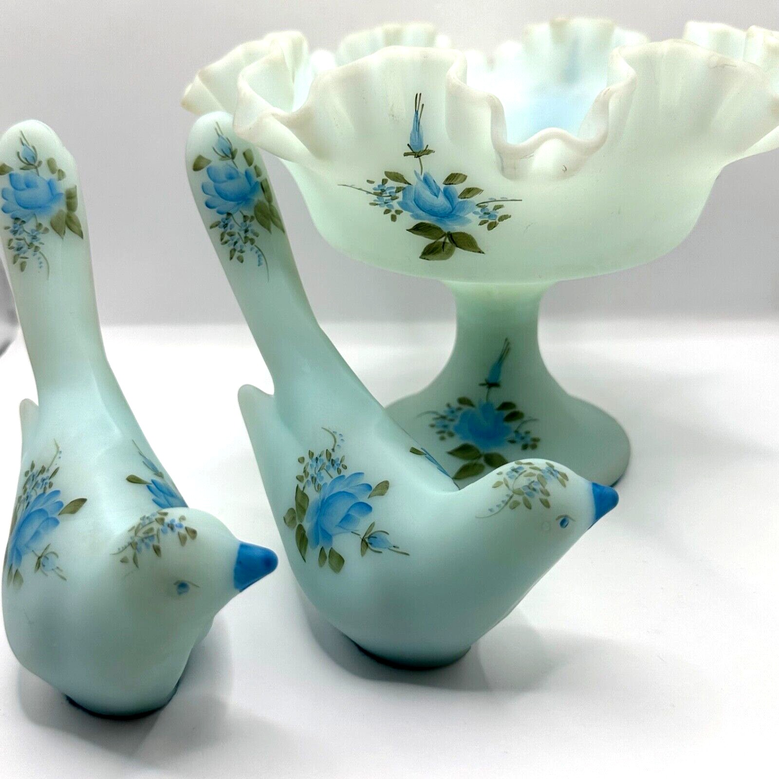 Fenton Hand Painted Set Matching Pair of Birds, Ruffled Pedestal Dish Signed VTG