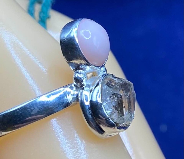 Genuine Natural 4.47ct White Herkimer Diamond and Pink Opal Ring 7.5