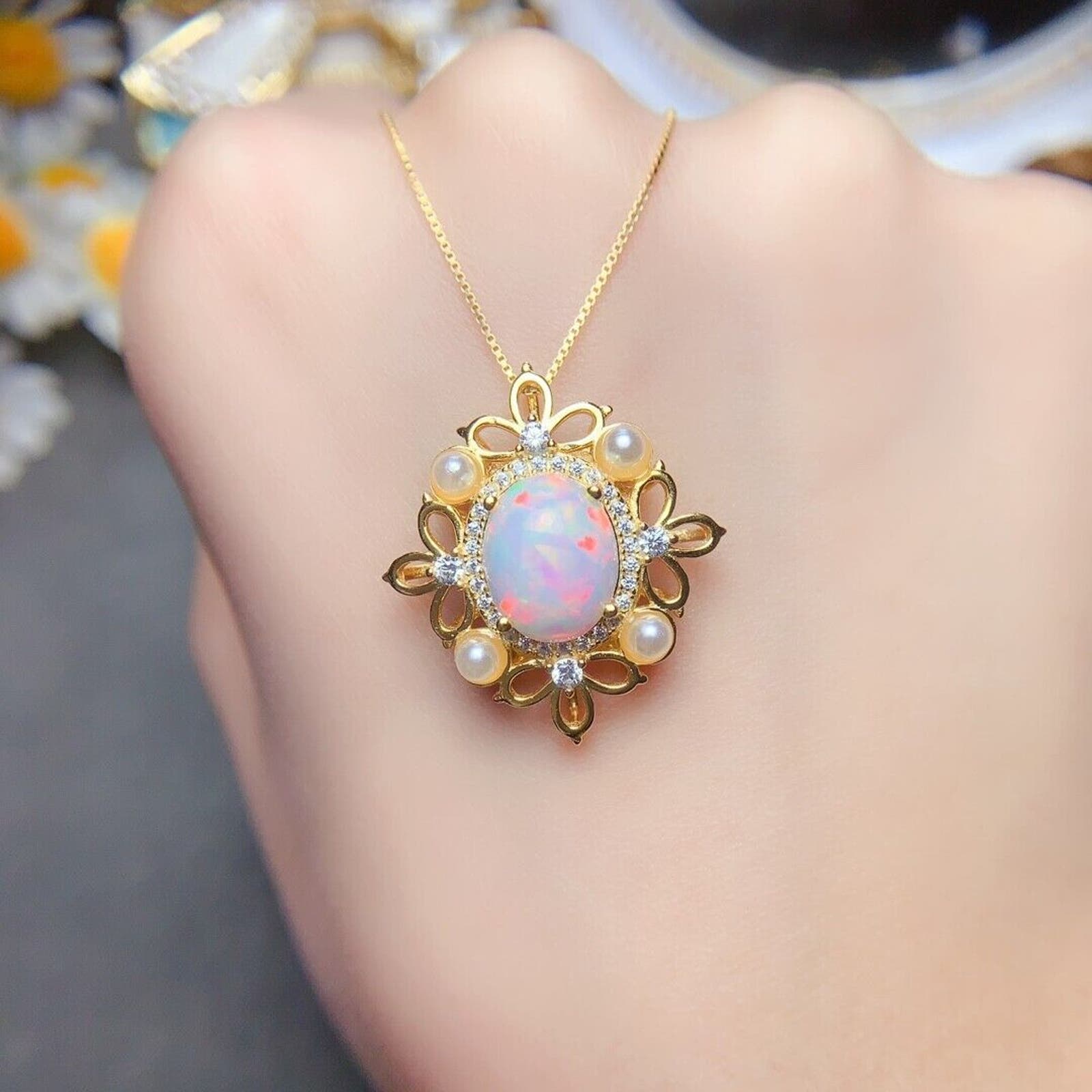 Vintage Faux Pearl And Opal Statement Necklace, Fire Opal Vintage Style Necklace