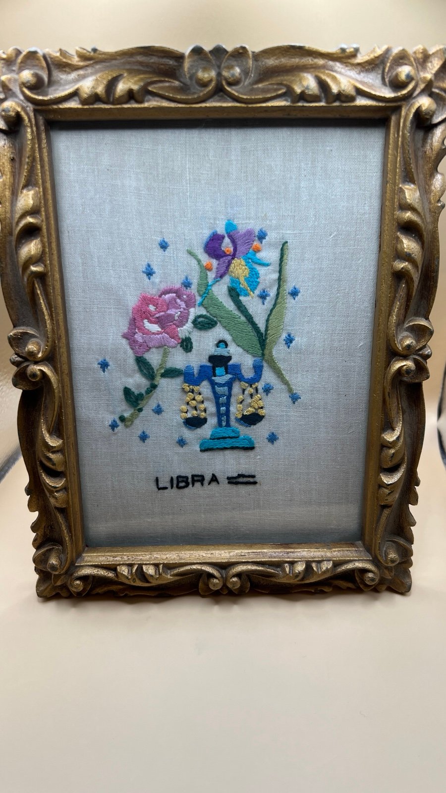 Rare Vintage Crewel Embroidery Libra Sign Floral Golden Frame Vivid Detail