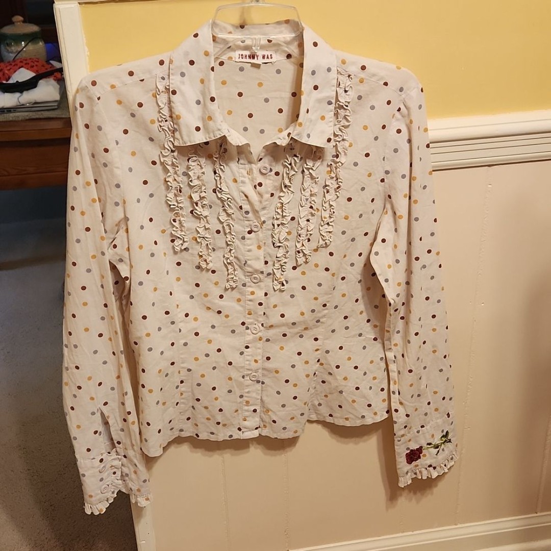 Johnny Was White Buttoned Shirt w/ Polka Dots Size S