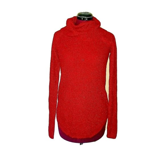 BCX Womens Sweater Size XS Red Metallic Lurex Cowl Neck Curved Hem Pullover