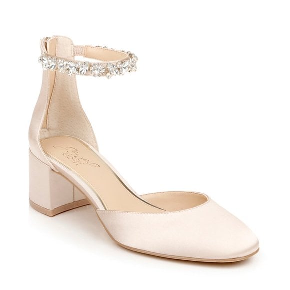 JEWEL BADGLEY MISCHKA CATHLEEN CHAMPAGNE SATIN EVENING BLOCK HEEL PUMP 7 NEW