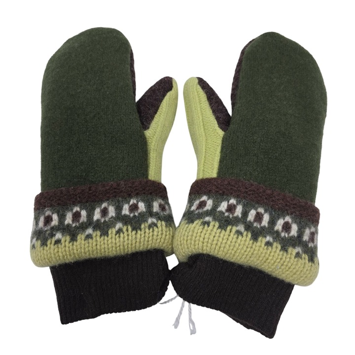 Handcrafted Wool Blend Knit Mittens Brown & Green Nordic Pattern Cuffs Adult M/L