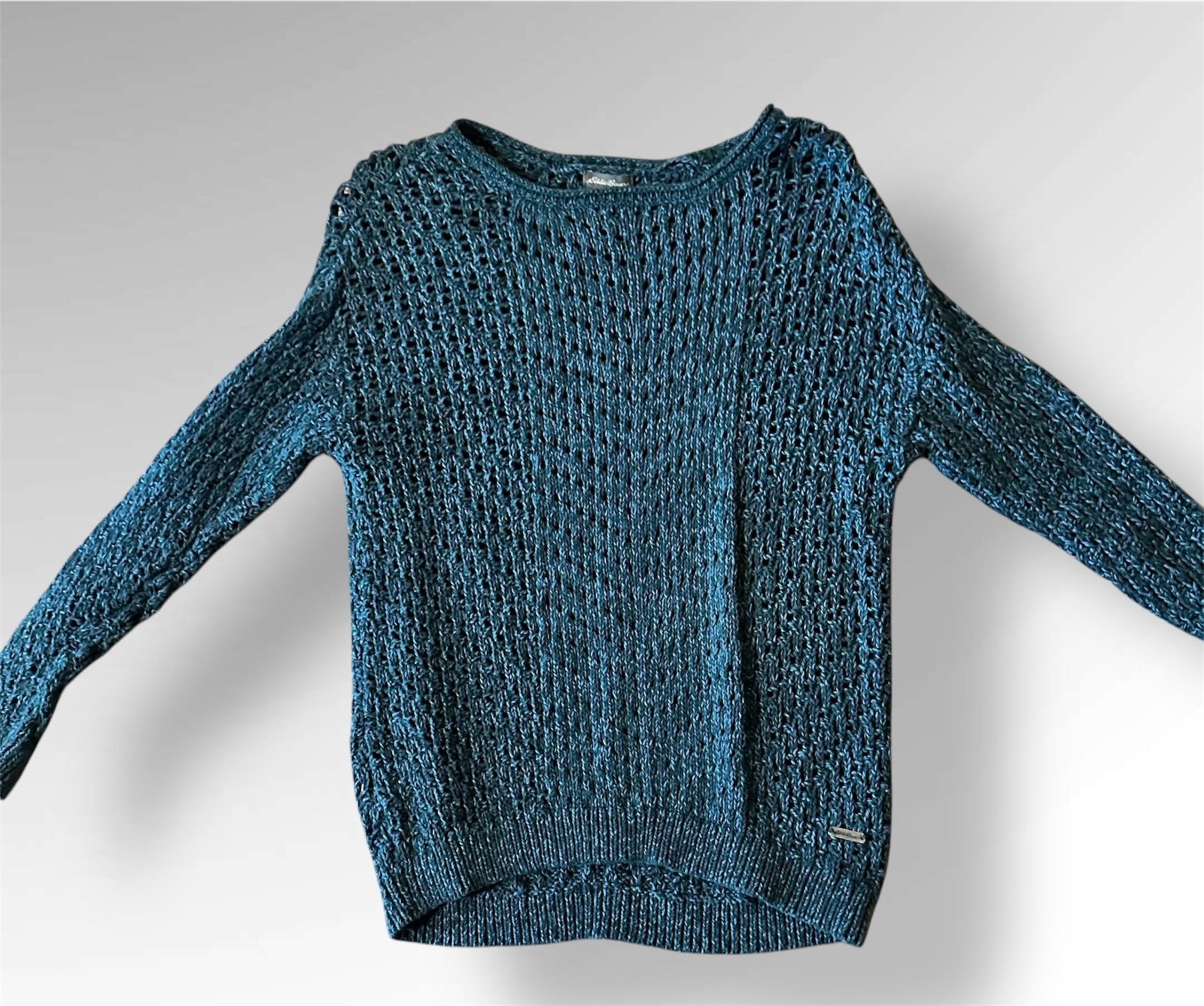Eddie Bauer Pullover Crochet Knit Boxy Teal Sweater Women’s Size L Cotton Fall