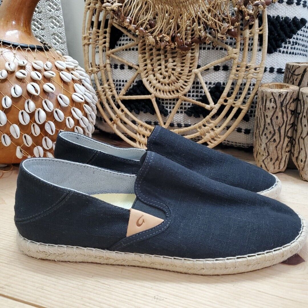 OLUKAI Women's 9.5 Kaula Pa'a Kapa Linen Espadrilles Shoes Black Comfort Vacay
