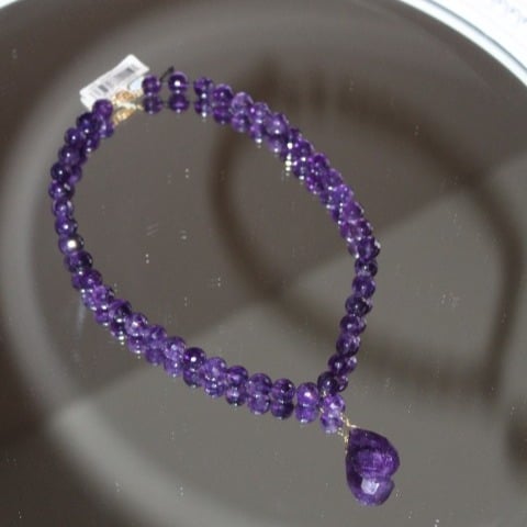 Amethyst Tear Drop w 45 Fully Facet Rounds Hand Knot Necklace with 14K Clasp NWT