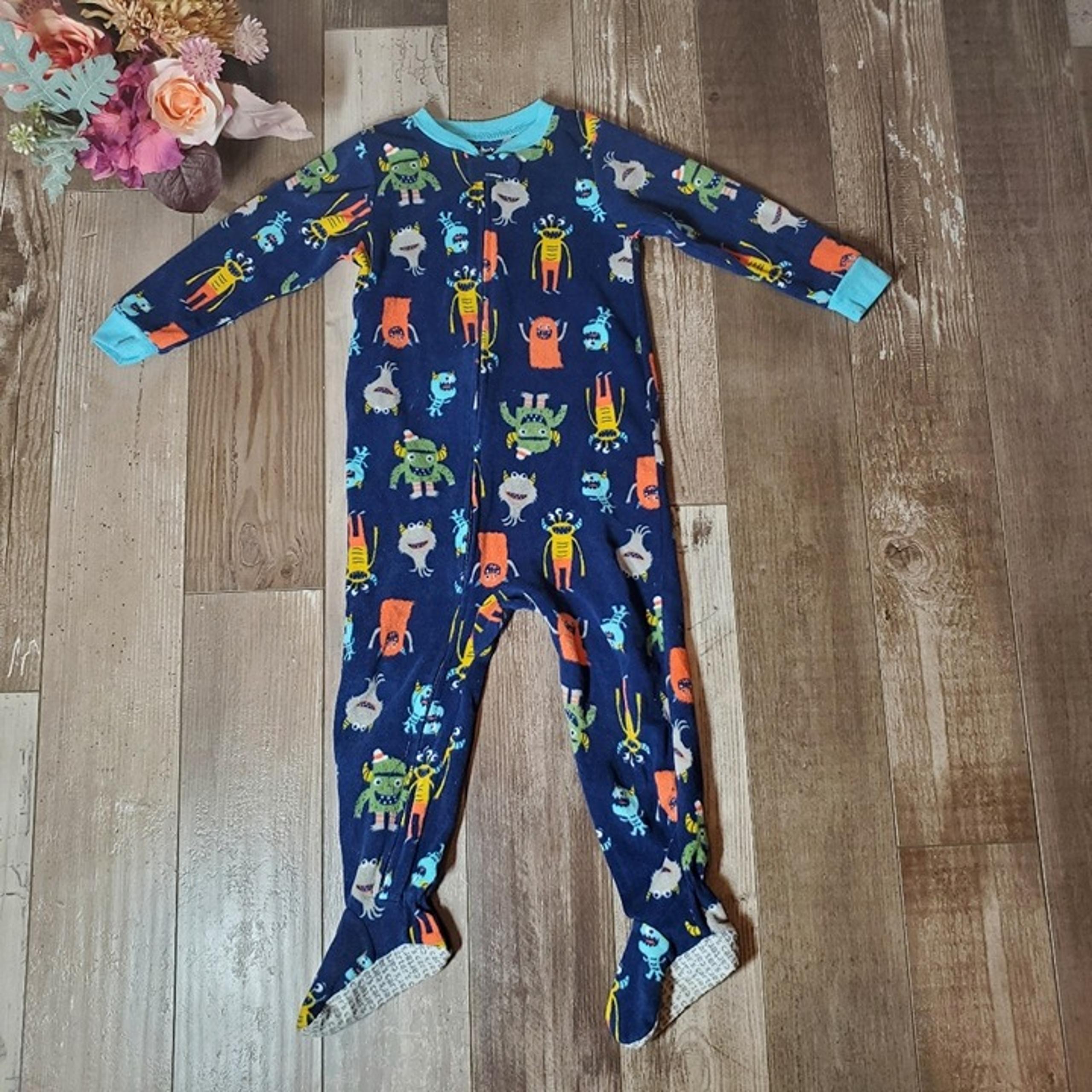 Carter's Blue Orange Green Monster Size 3T Fleece Footed Pajamas PJs EUC