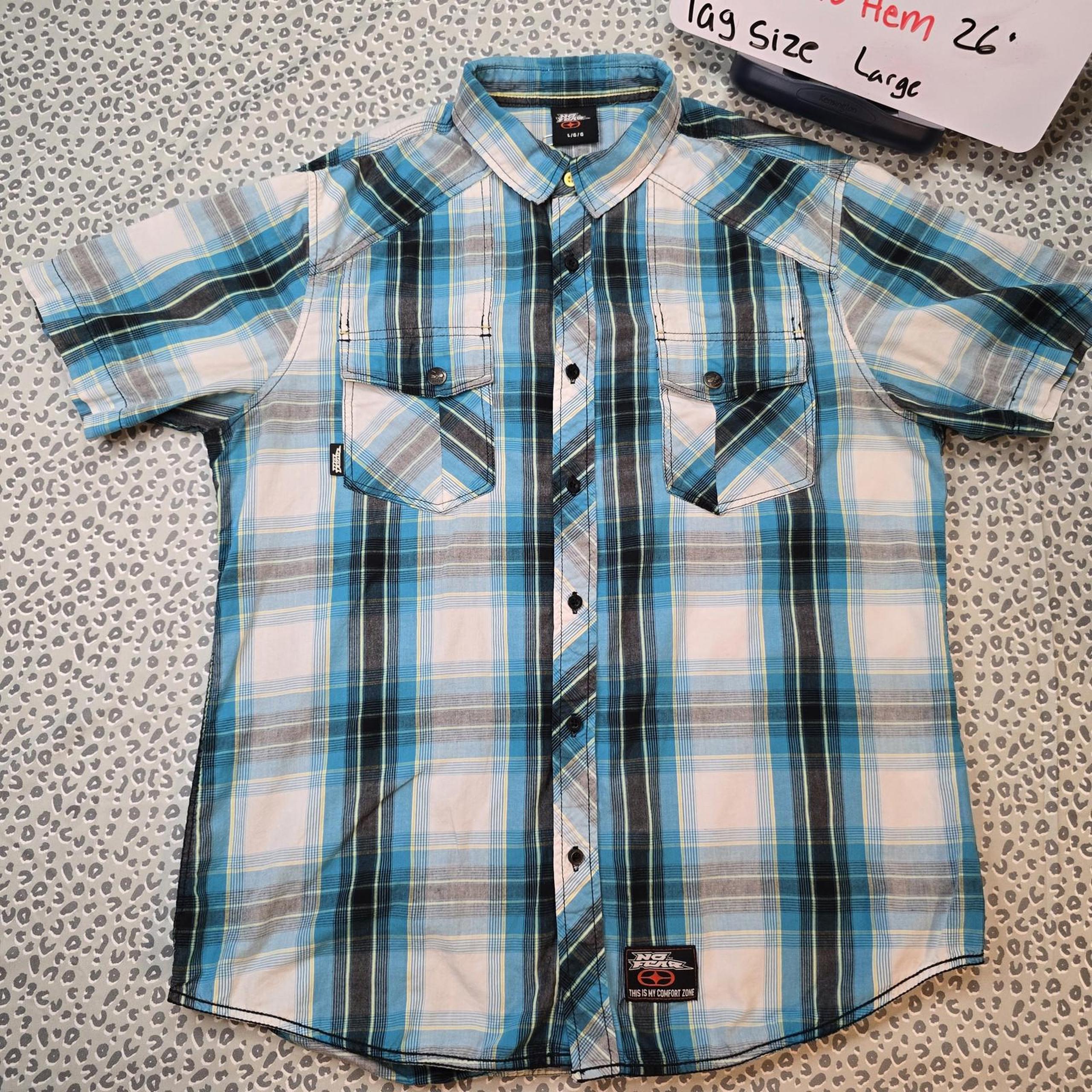 No Fear Shirt Mens Large Blue Plaid Short Sleeve Button Up Western Skate VTG Y2K