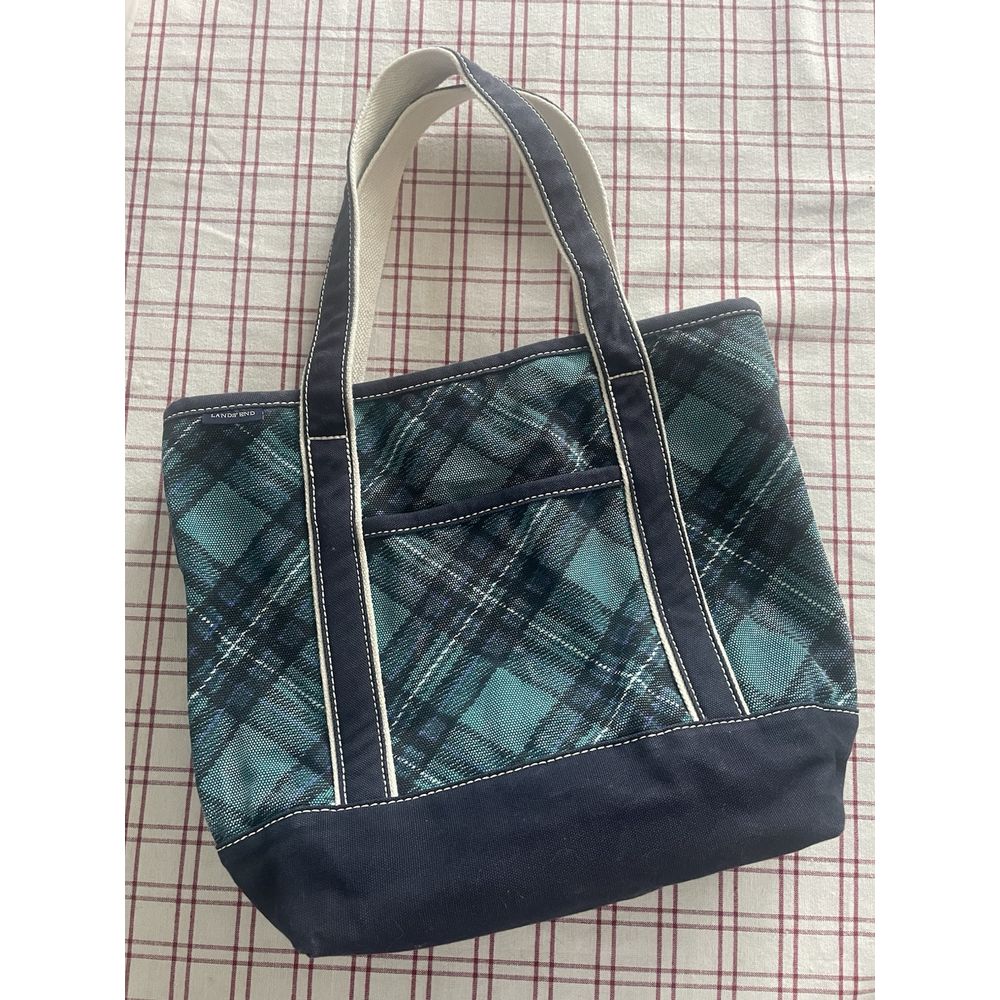 Lands End Tote Bag Medium Navy Blue Plaid Boat Canvas Heavy vintage *see Pics