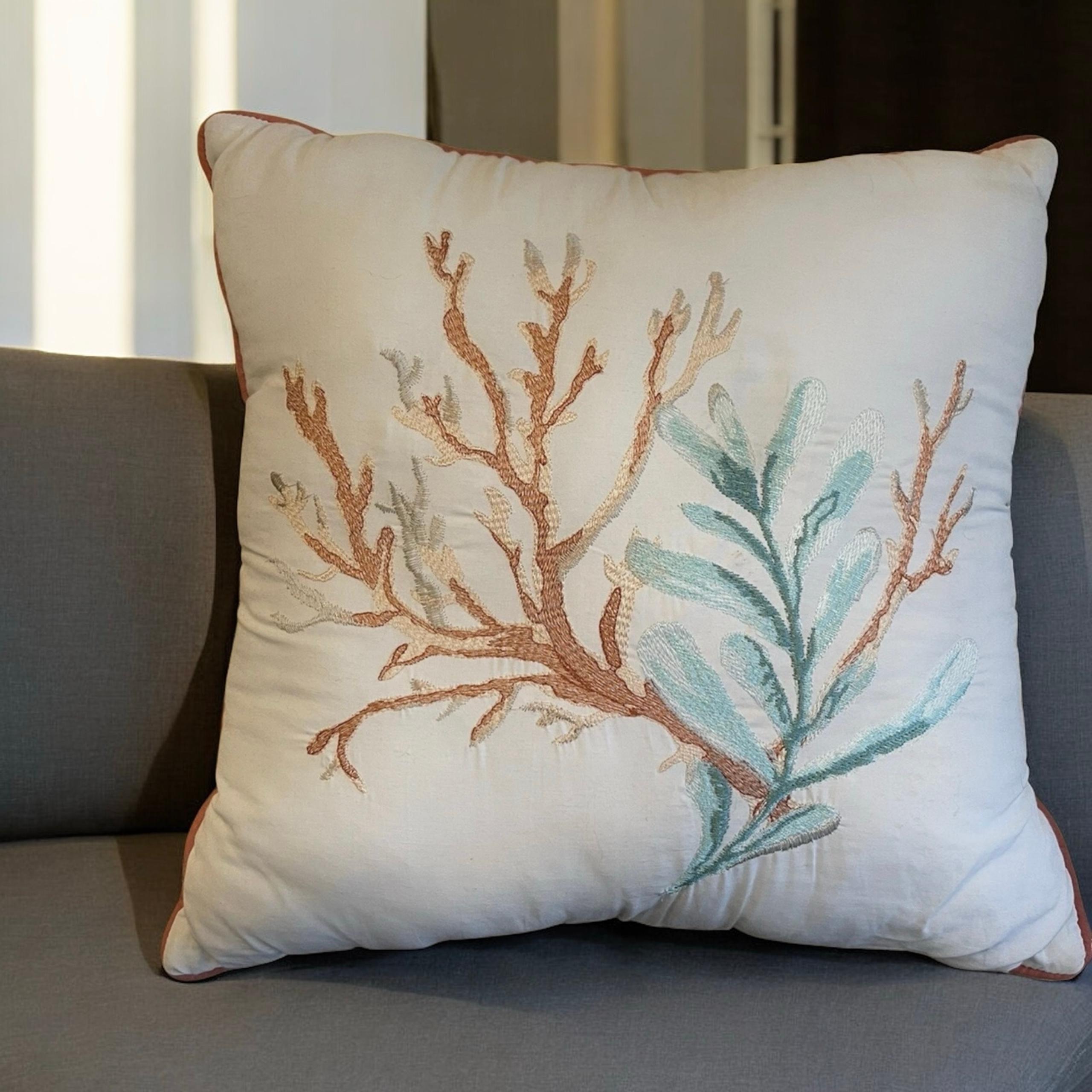 Madison Park Throw Pillow Embroidered Coral 18 x 18 Beach Themed New