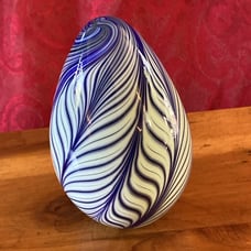 Murano stly HandBlown Art Glass Egg Shaped 4 Paperweight Cobalt & White Feather