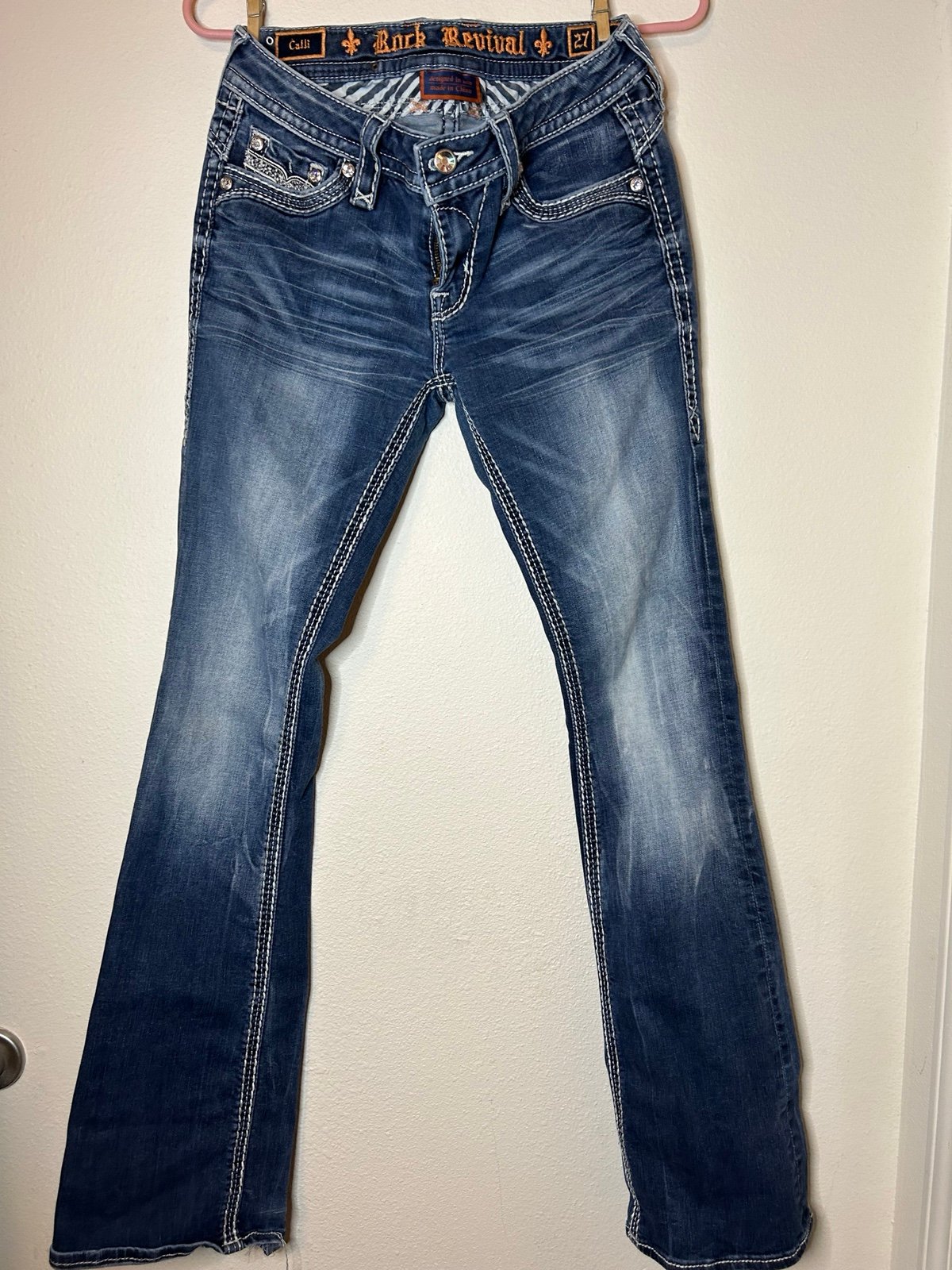 Rock Revival Boot Cut Calli Bejeweled Blue Denim Jeans E8560BL Women’s Size 27