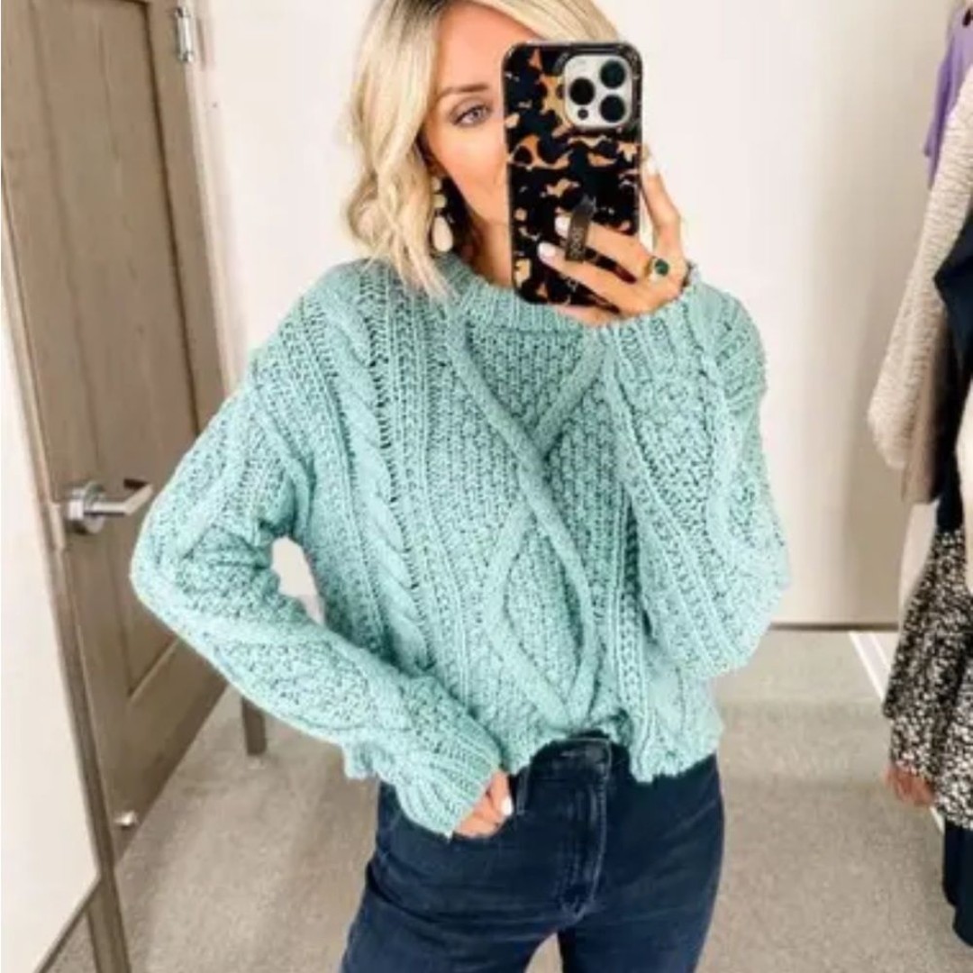 Free People Cutting Edge Cotton Cable Knit Blue Sweater Size Extra Large