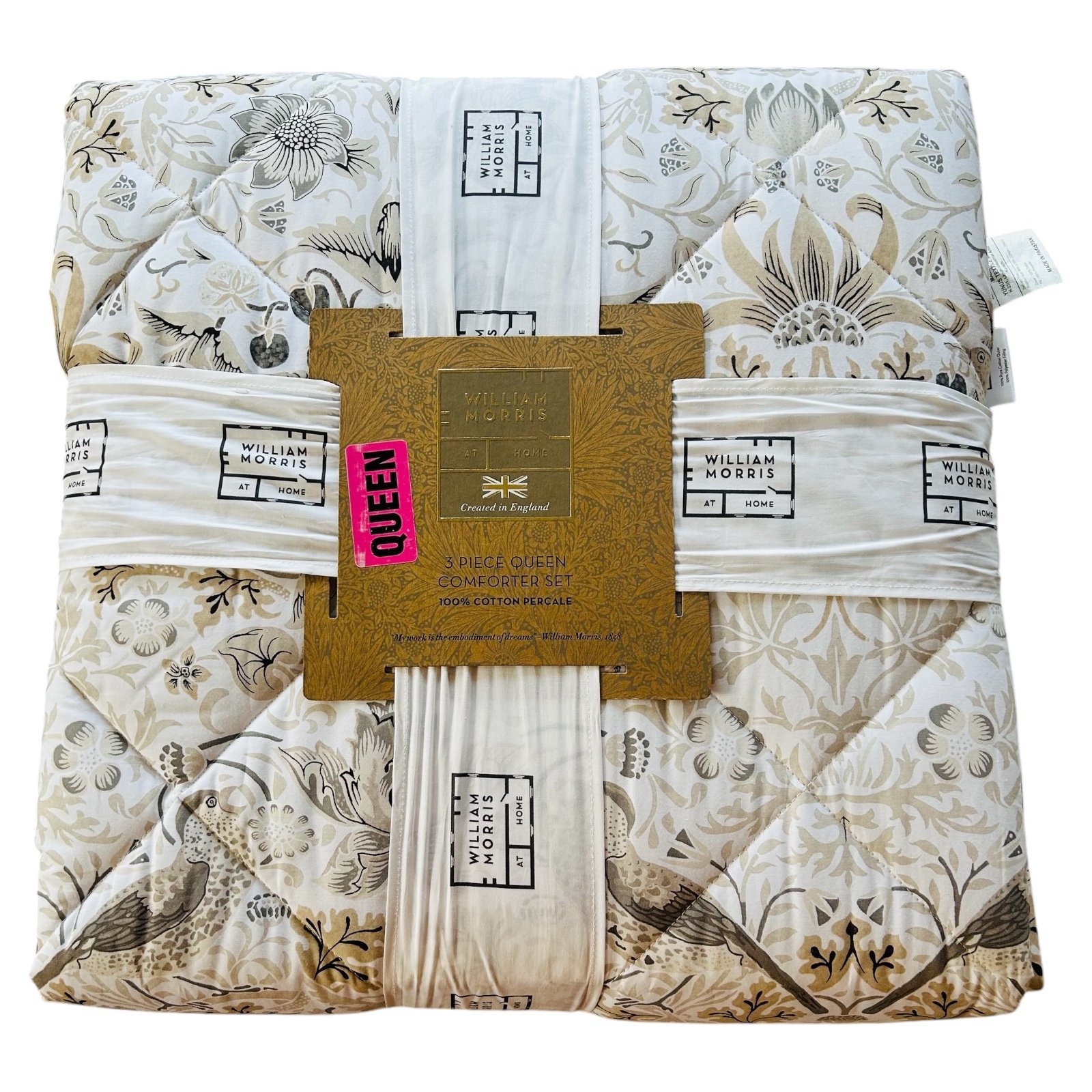 WILLIAM MORRIS Home 3 Pc Queen Comforter Set Strawberry Thief Linen Natural NWT