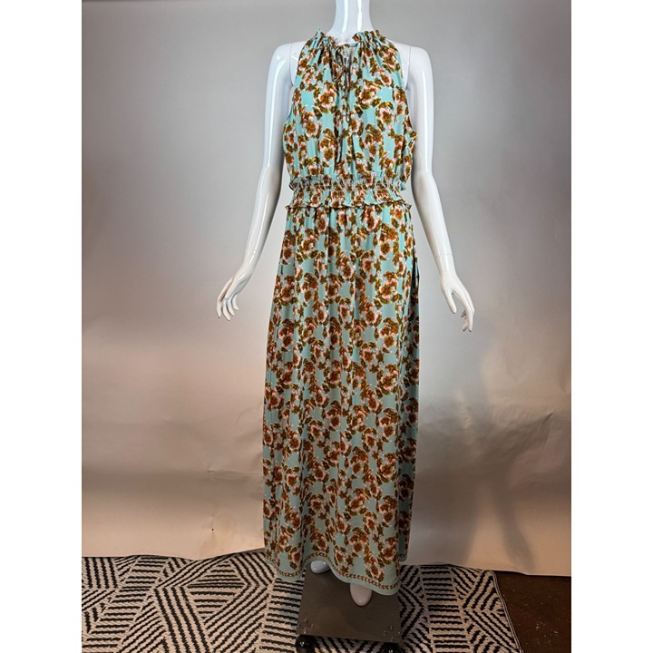 Max Studio Floral Print Sleeveless Maxi Dress With Halter Neck & Elastic Waist L