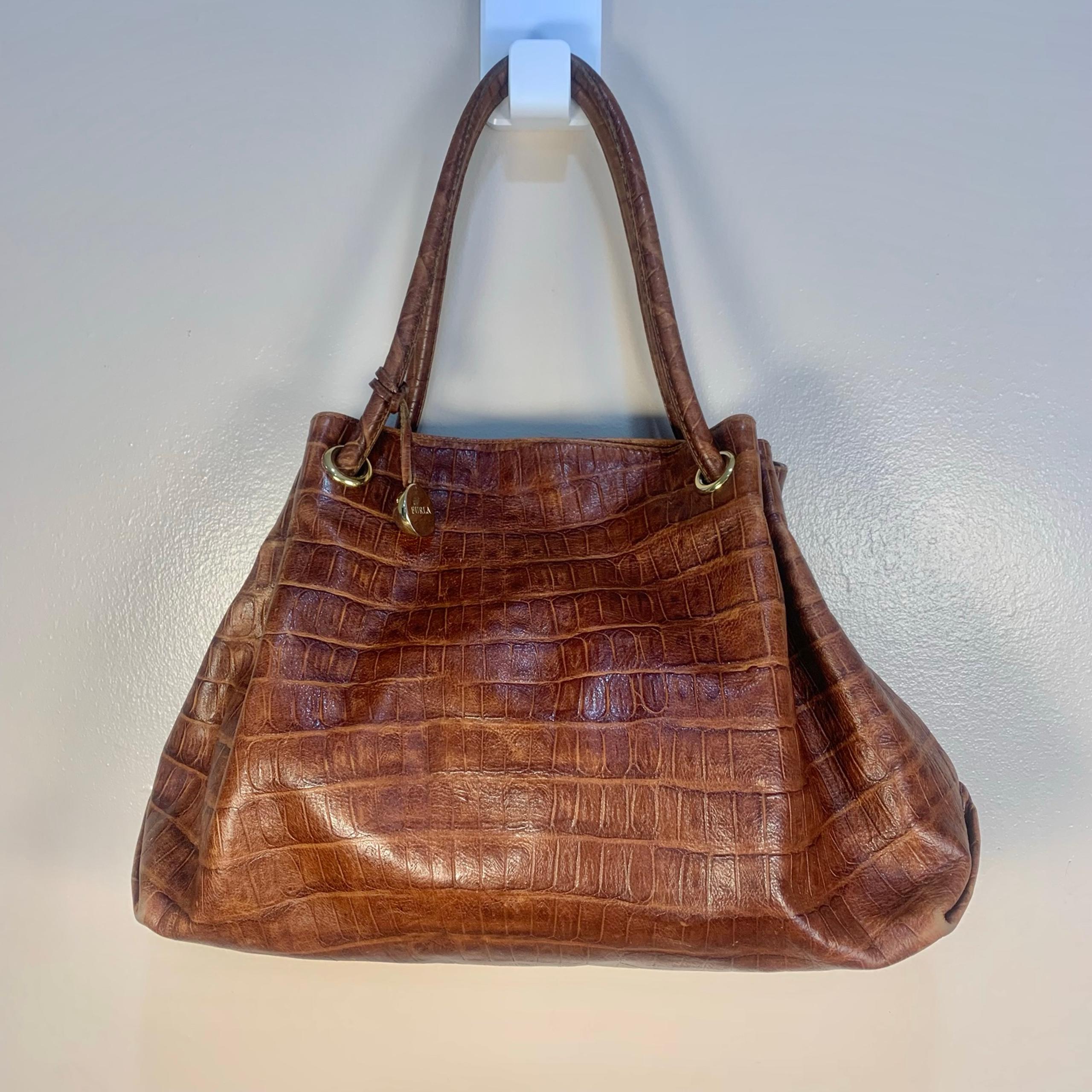 Furla Large Leather Croc Embossed Shoulder Bag