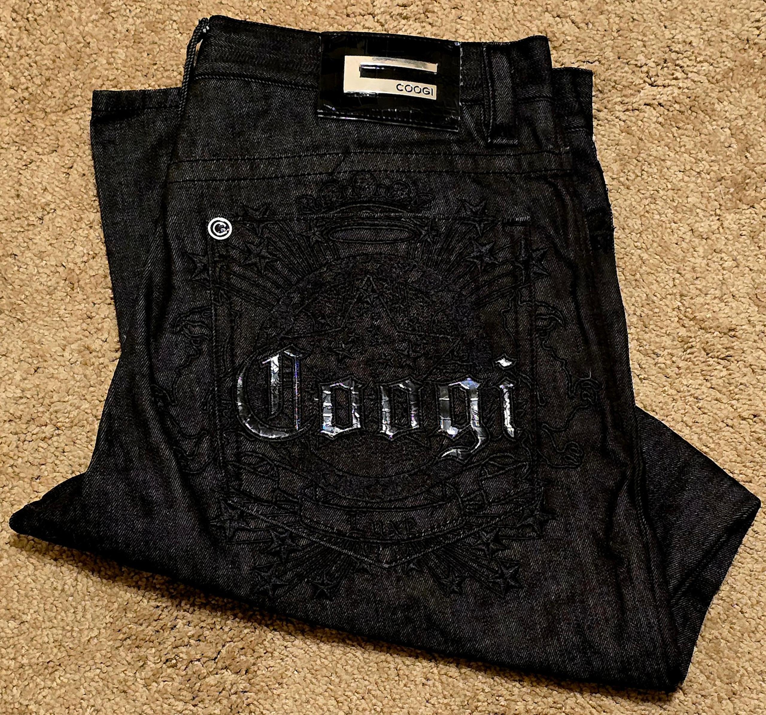 VINTAGE COOGI BLACK EMBROIDERED WIDE LEG JEANS 38X34 BAGGY ALLIGATOR SKIN POCKET