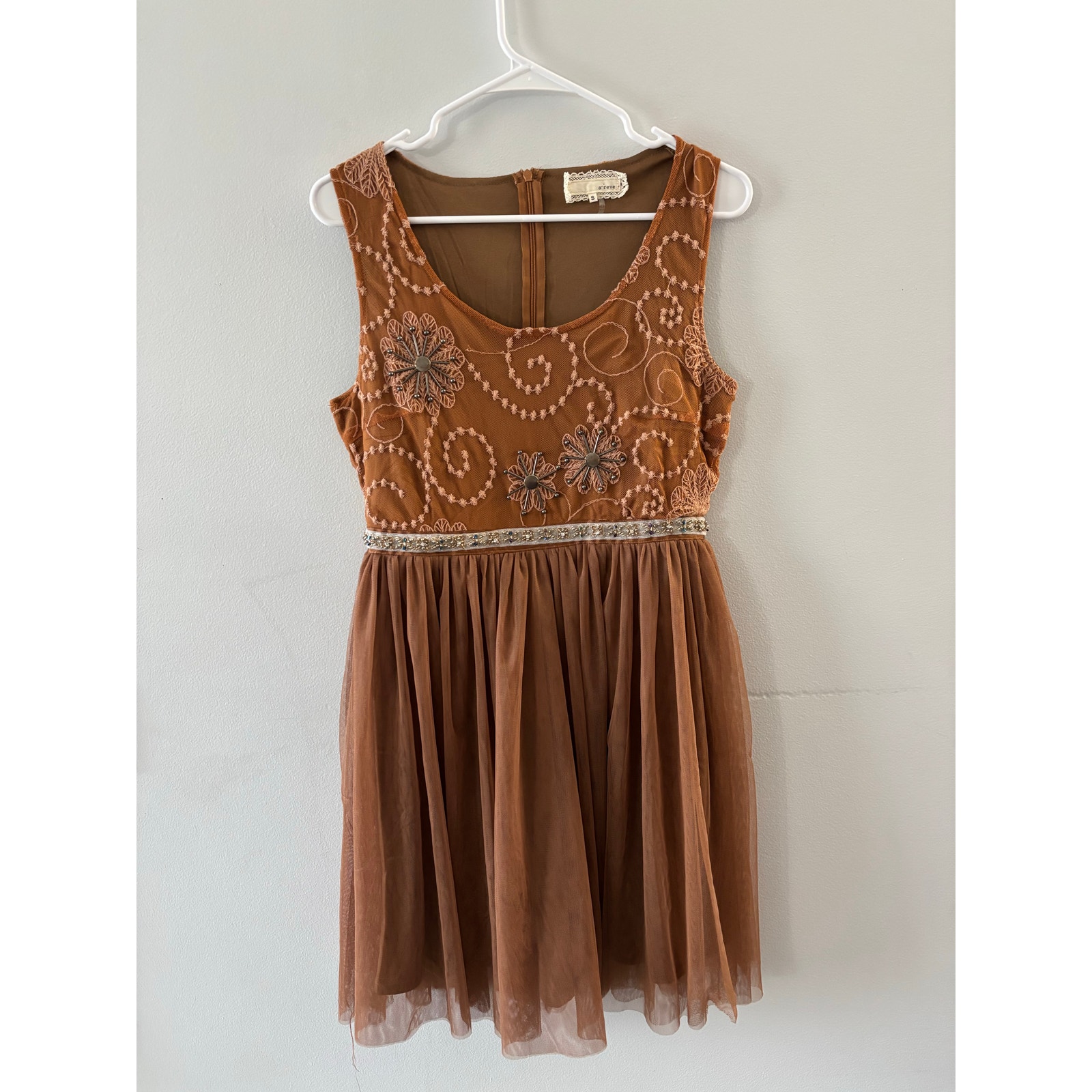 A'reve Womens Sleeveless Tulle Beaded Dress Small Brown Embroidered Fairy Grunge