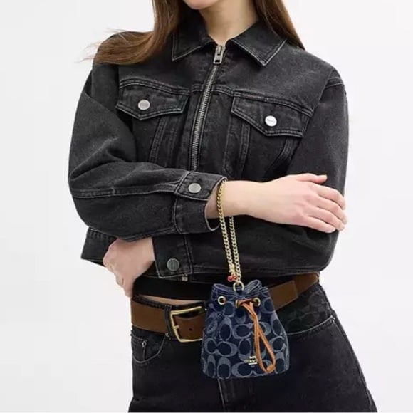 New Coach Drawstring Chain Wristlet Bag in Signature Denim & Vachetta Leather