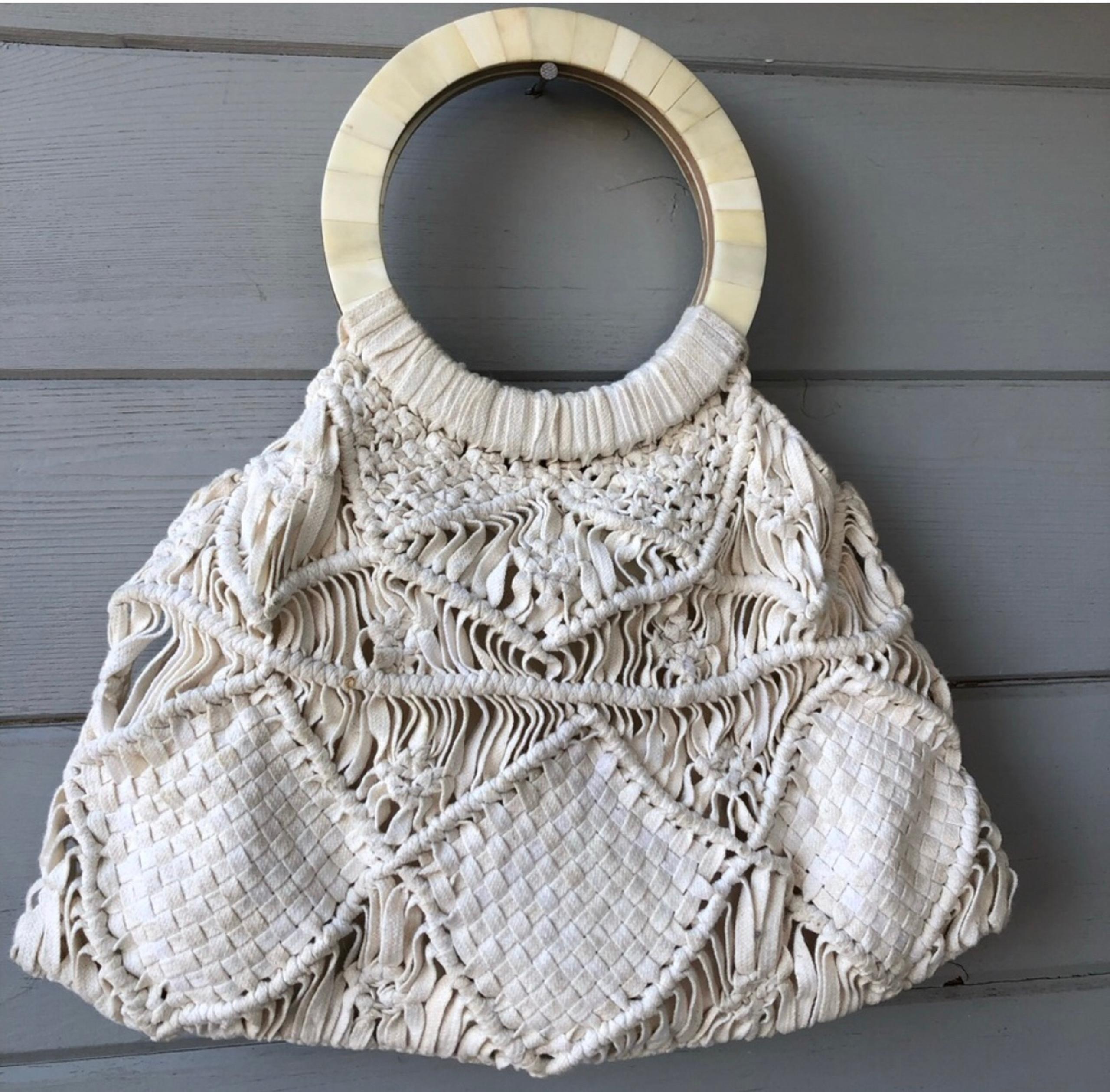 Anthropologie Crochet Beige Wood Handle Bag.