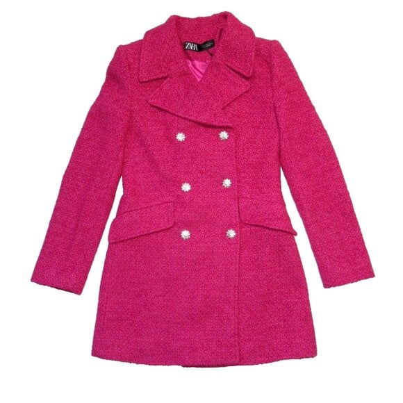 NWT ZARA Double-Breasted Textured Tweed Coat in Pink Rhinestone Button Jacket XS