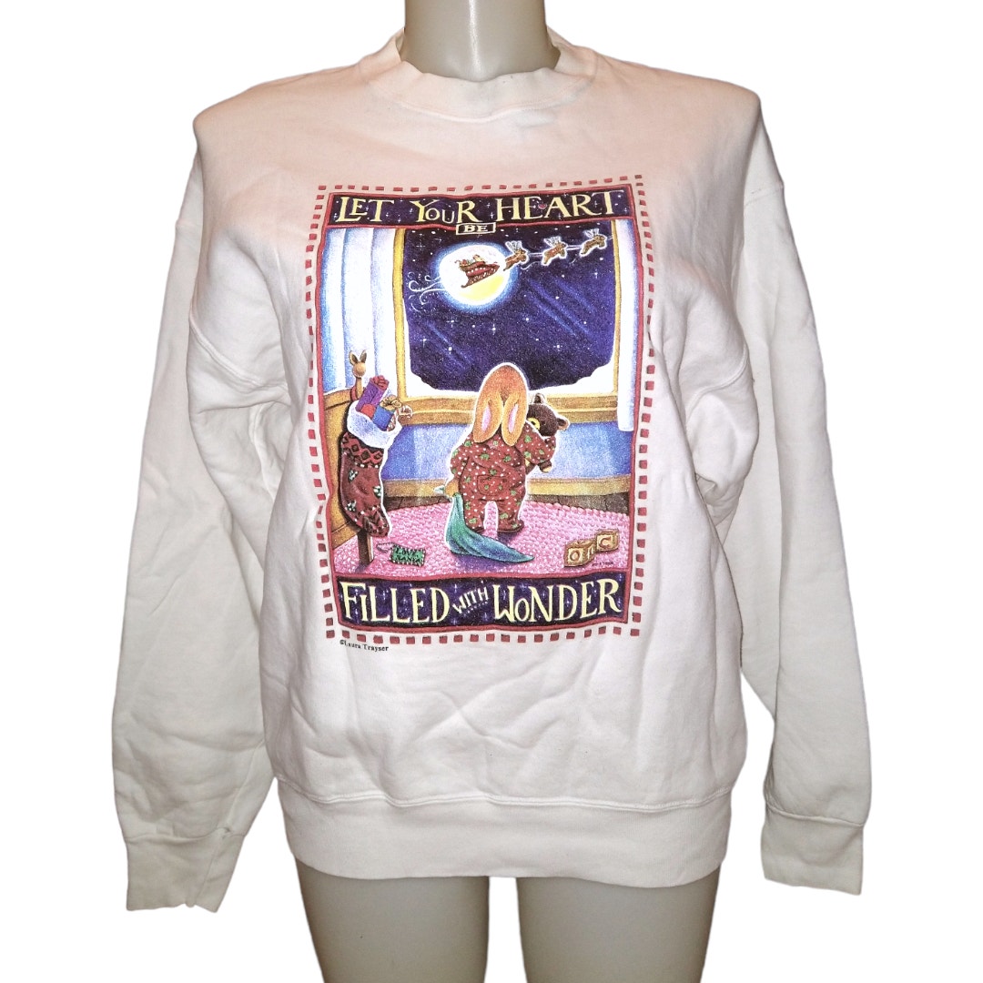 90's Vintage Christmas Sweatshirt size L 14 16 Santa Sleigh Bunny