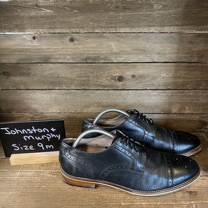 Mens Johnston & Murphy Black Leather Cap Toe Brogue Oxford Dress Shoes Size 9 M