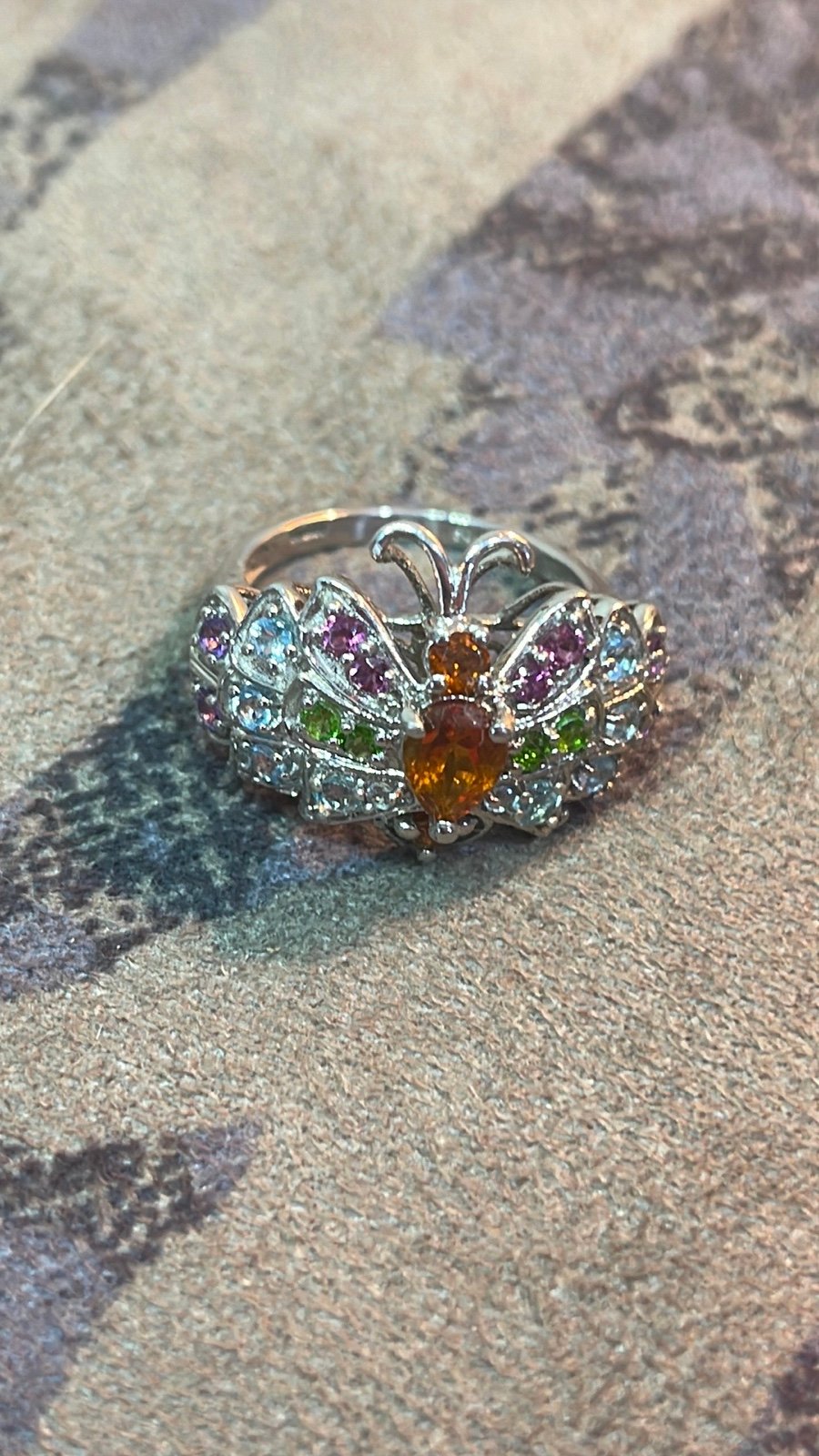 Multi gemstone butterfly ring, 925, size 8, the pictures don’t do it justice the