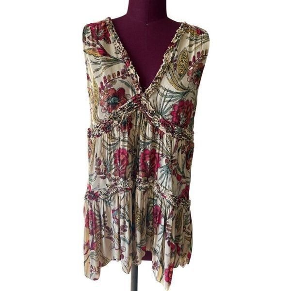 Free People Purple Haze Floral Printed Tunic Tank Size S Neutral Hummingbird Boh