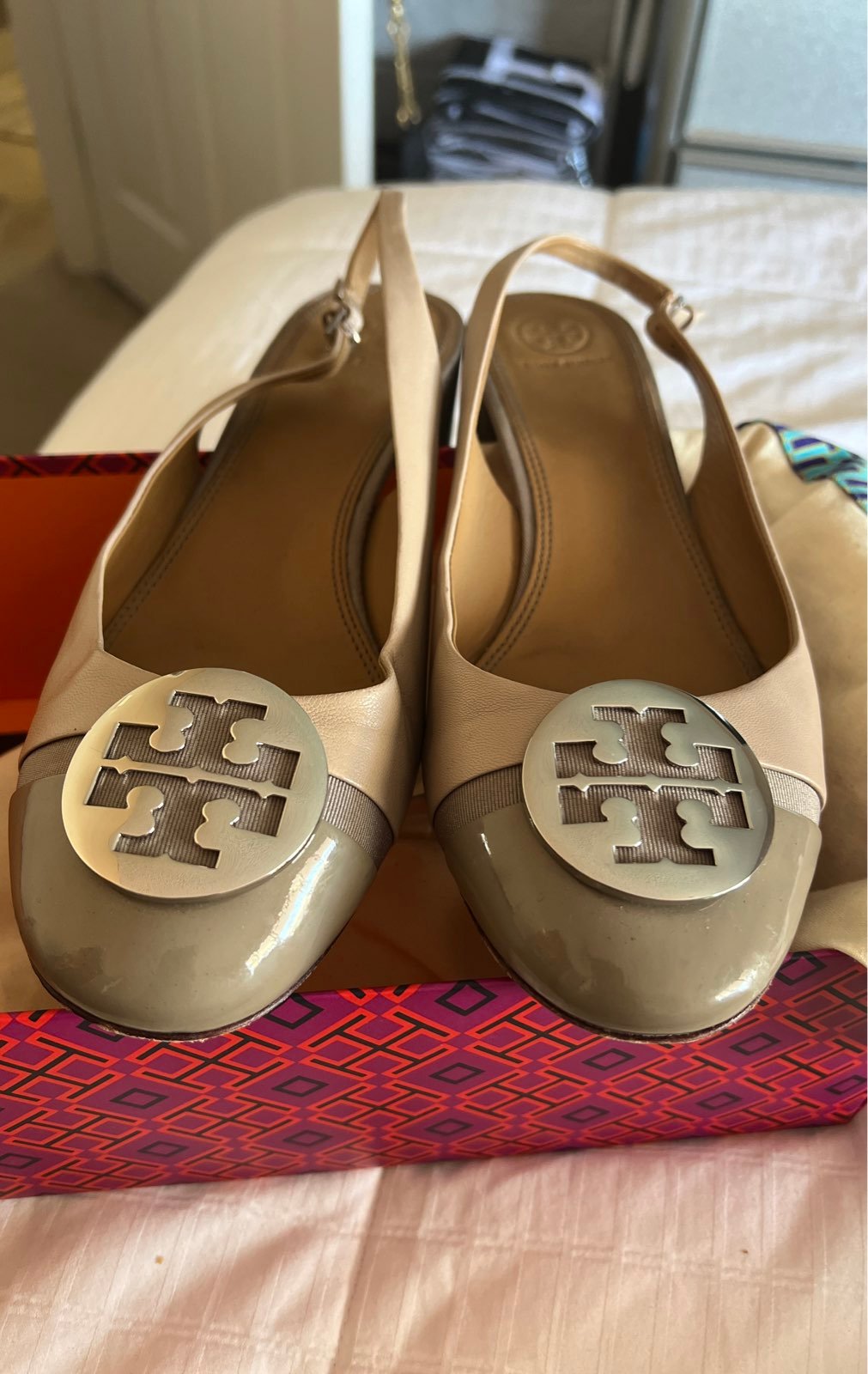 Tory Burch Minnie 55MM Cap-Toe Slingback pump in light taupe/gray heron.