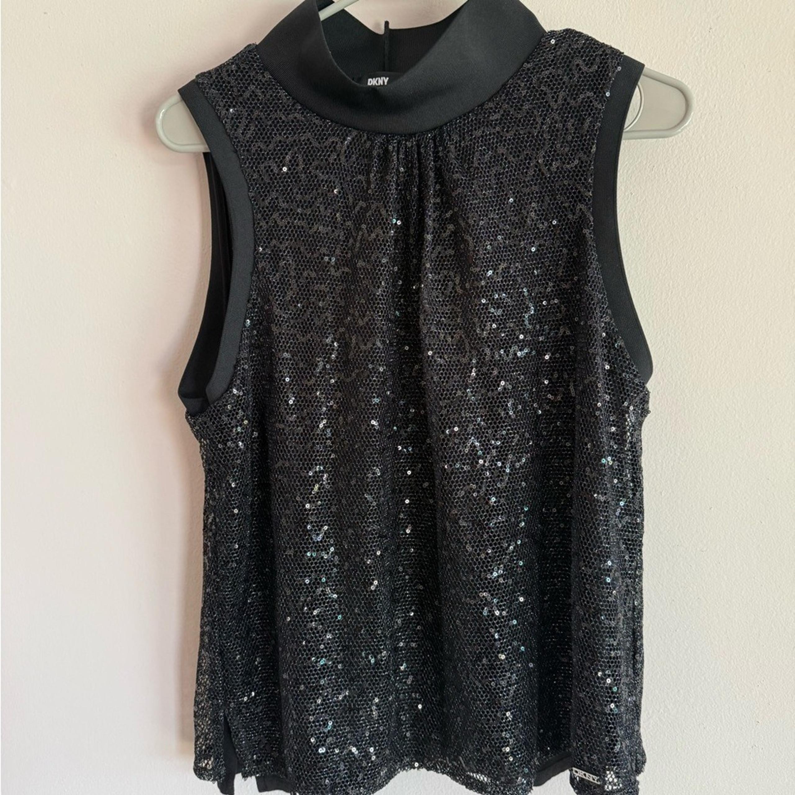 DKNY Women's Sleeveless Sequin Turtleneck Top, Black, Size large