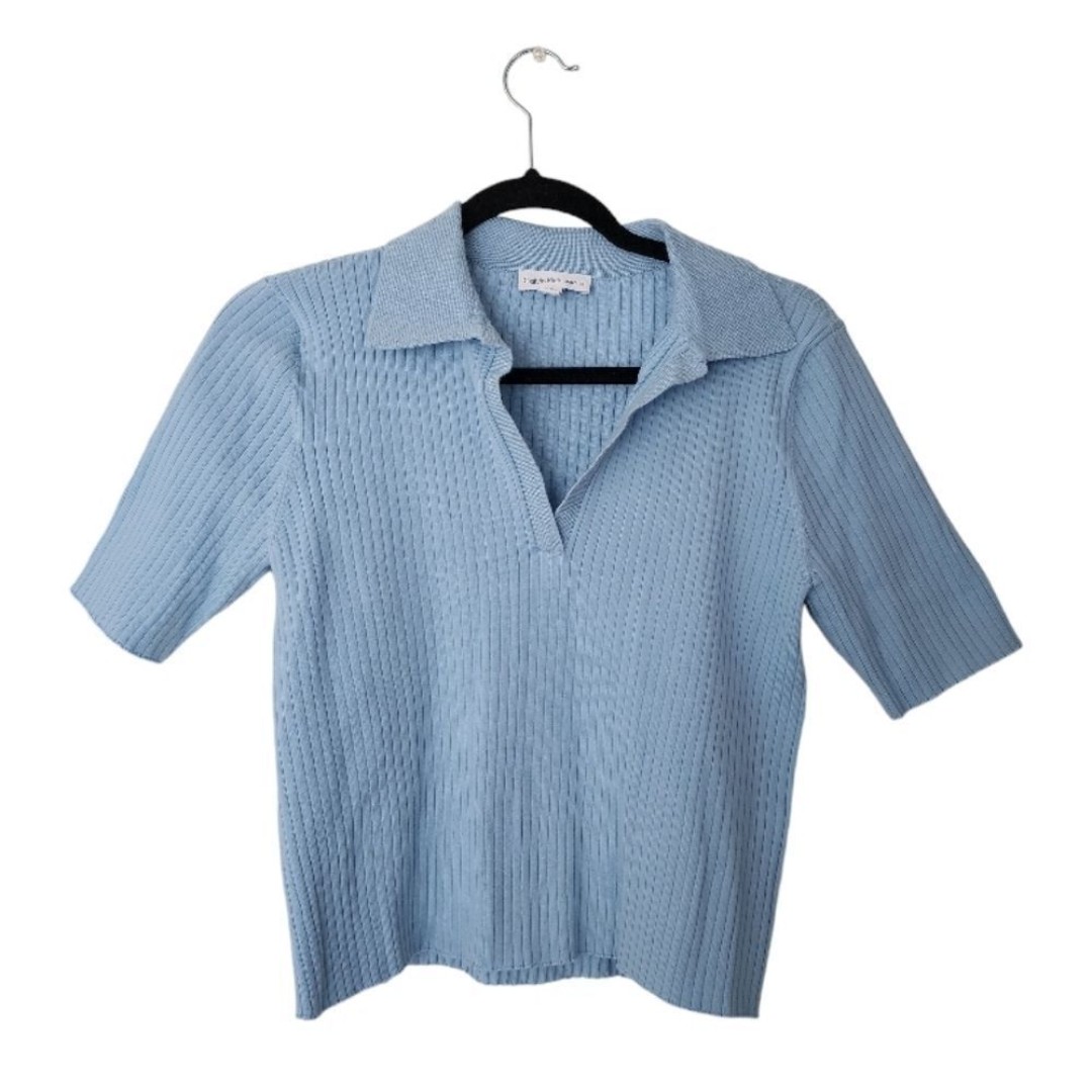 Calvin Klein Women's Light Blue Ribbed V-Neck Short Sleeve Shirt - Cropped, polo