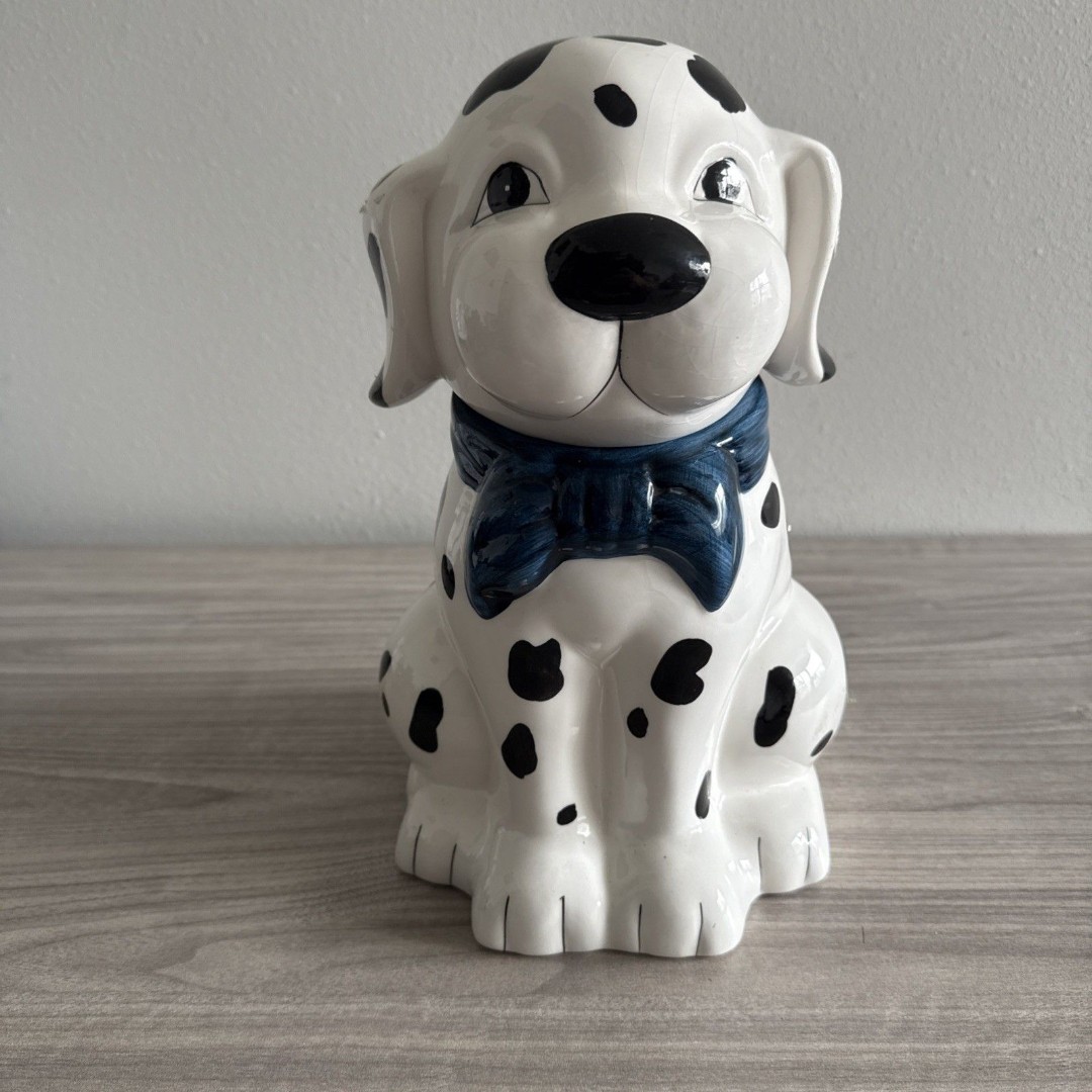Hometrends Dalmatian Puppy Dog Cookie Jar w/Blue Ribbon Vintage Ceramic 11.5”