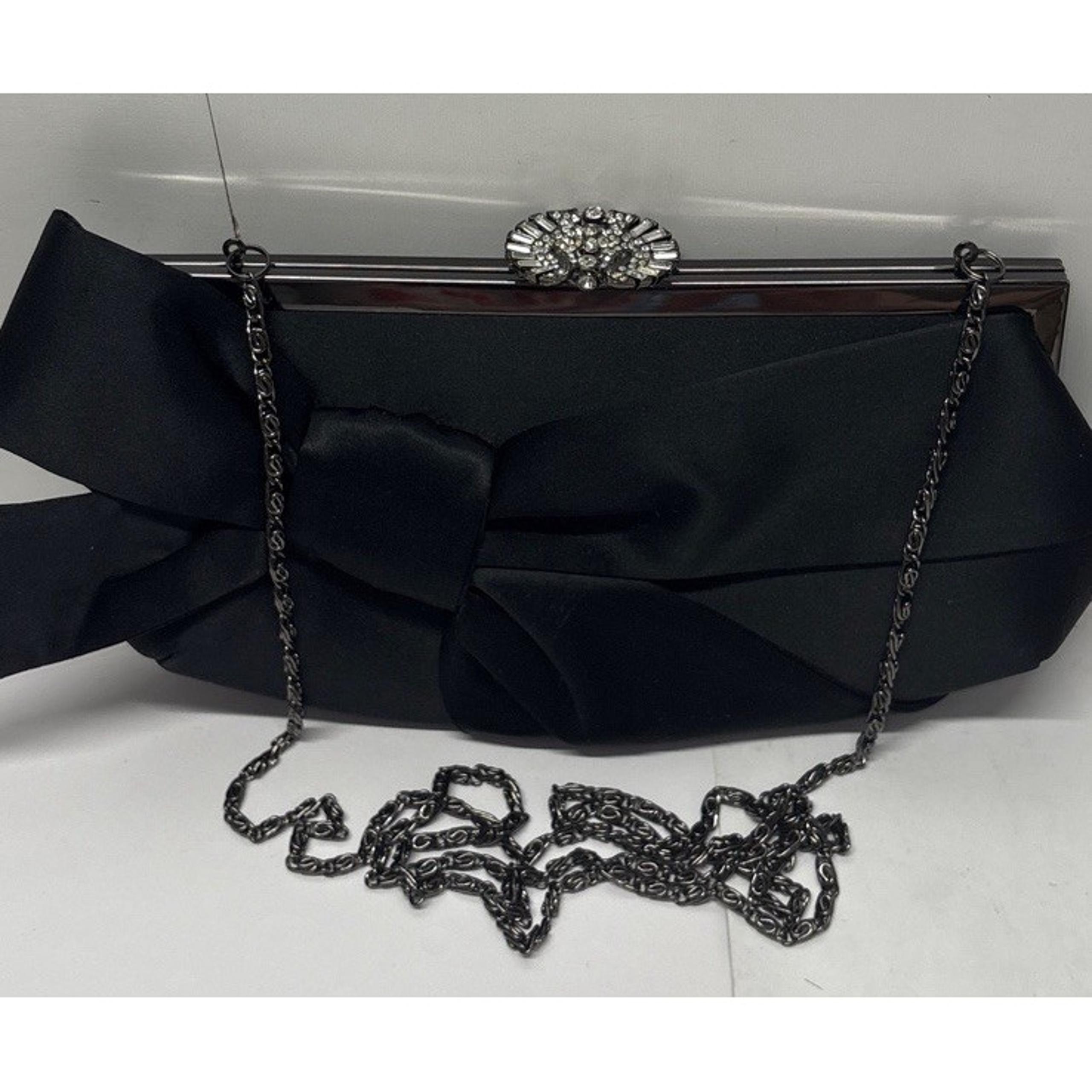 Vintage Nordstrom Black Satin Rhinestone Bow Evening Bag CLUTCH Gunmetal Chain