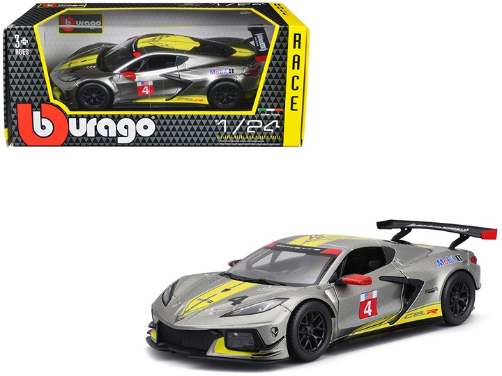 2020 Chevy Corvette C8.R #4 Silver/Yellow 1/24 Diecast - Bburago Race Series