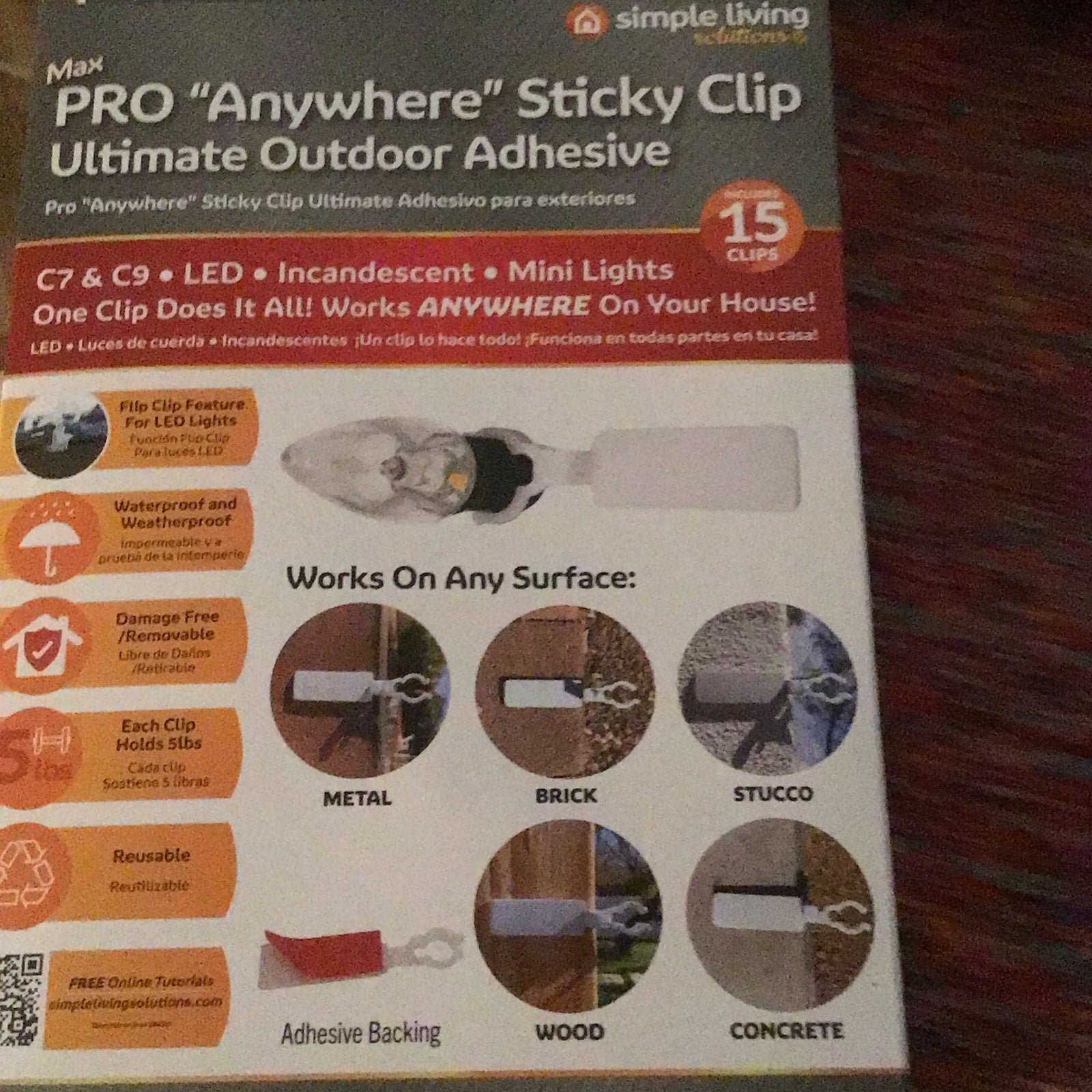 Simple Living Max Pro Anywhere Sticky Clip Outdoor Light Adhesive 60 Clips NEW