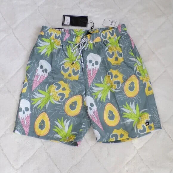 Micros Skull Pineapple Avocado Ice Cream Swim Trunks, Mesh Pocket Drawstring NWT