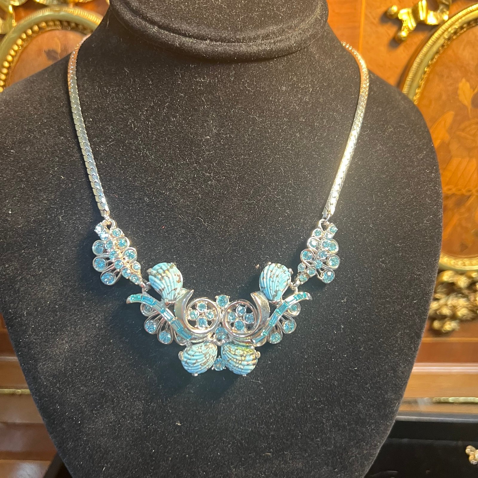 Vintage rare Hollycraft Copr 1958 Blue Seashell and Aqua Rhinestone Necklace