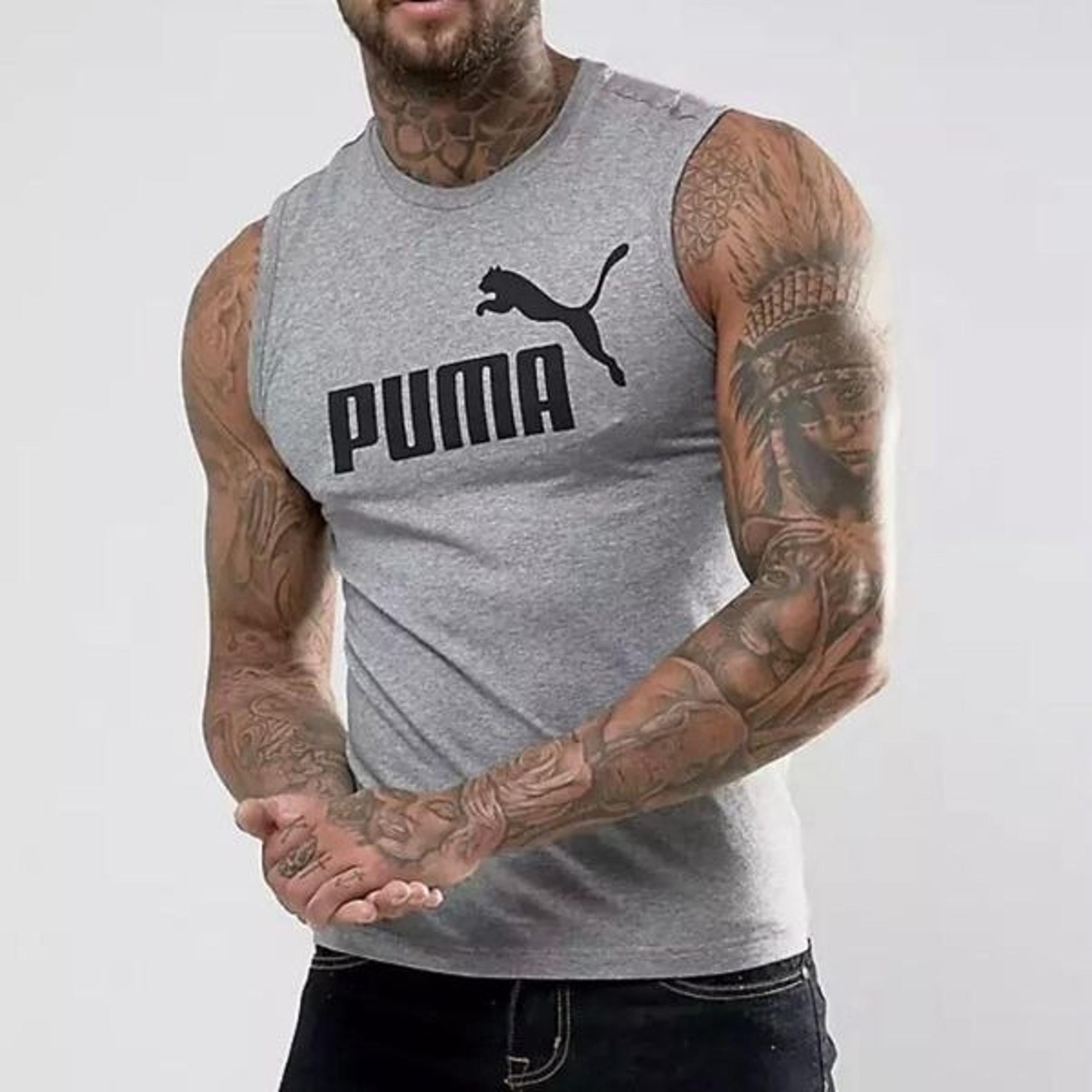 Puma Active Sleeveless Cotton Athletic Sports Gray Black Tank Top, Men’s Large