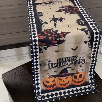 Halloween Table Runner - 13x36 inch, Haunted House Pumpkin Table Runner - Linen