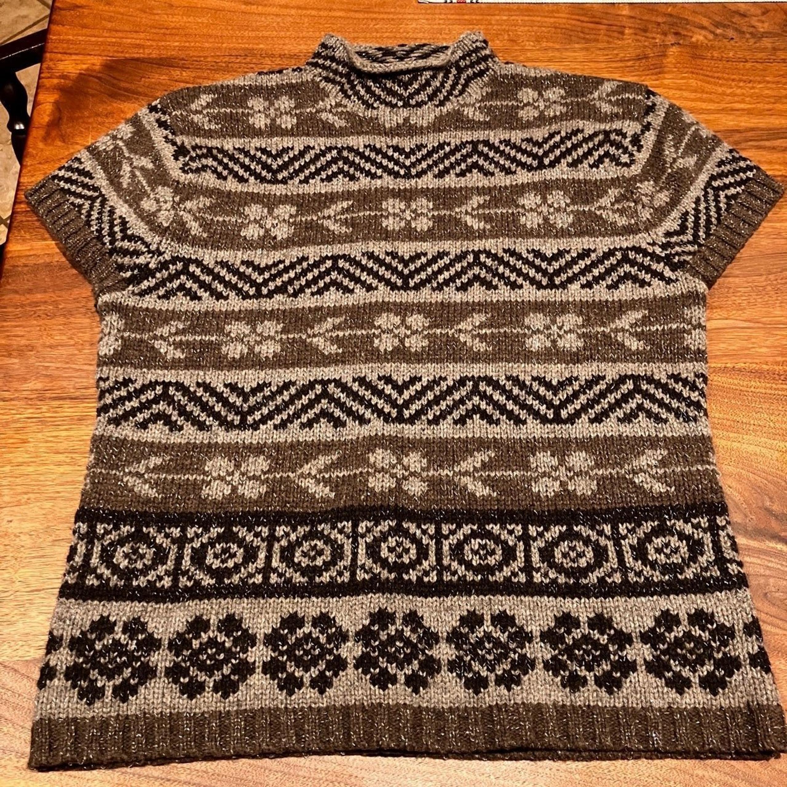 Nine West XL Extra Large Silver Brown Lambswool Mock Neck Sweater Short Sleeve