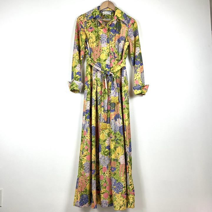 VTG Leslie Fay 70s Hippie Boho Flower Power Long Maxi Dress Sz S Long Sleeve