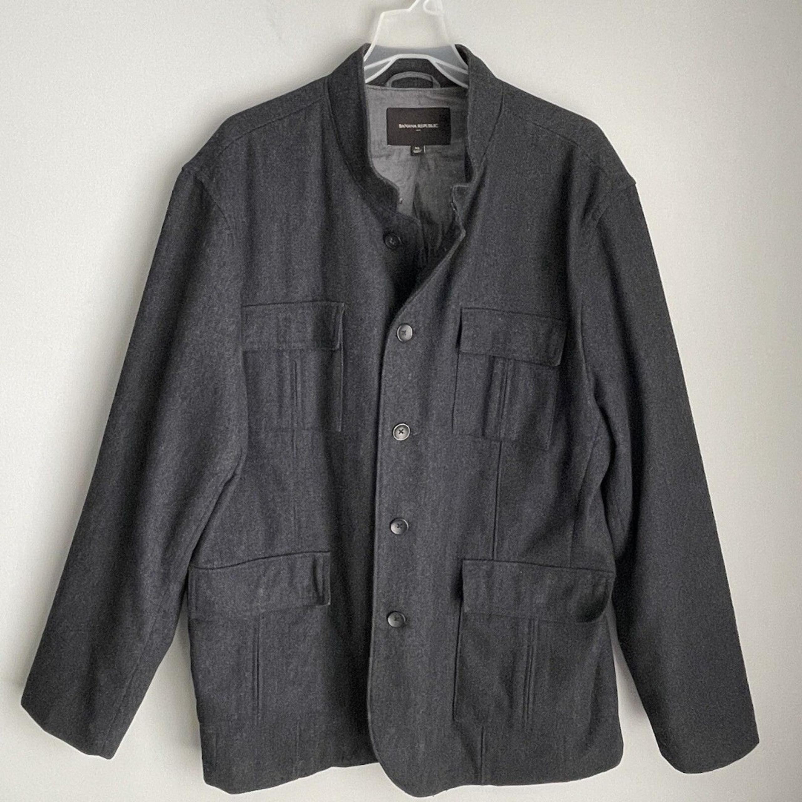 Banana Republic Wool Blend Field Jacket Pea Coat Men's XL Dark Gray Herringbone
