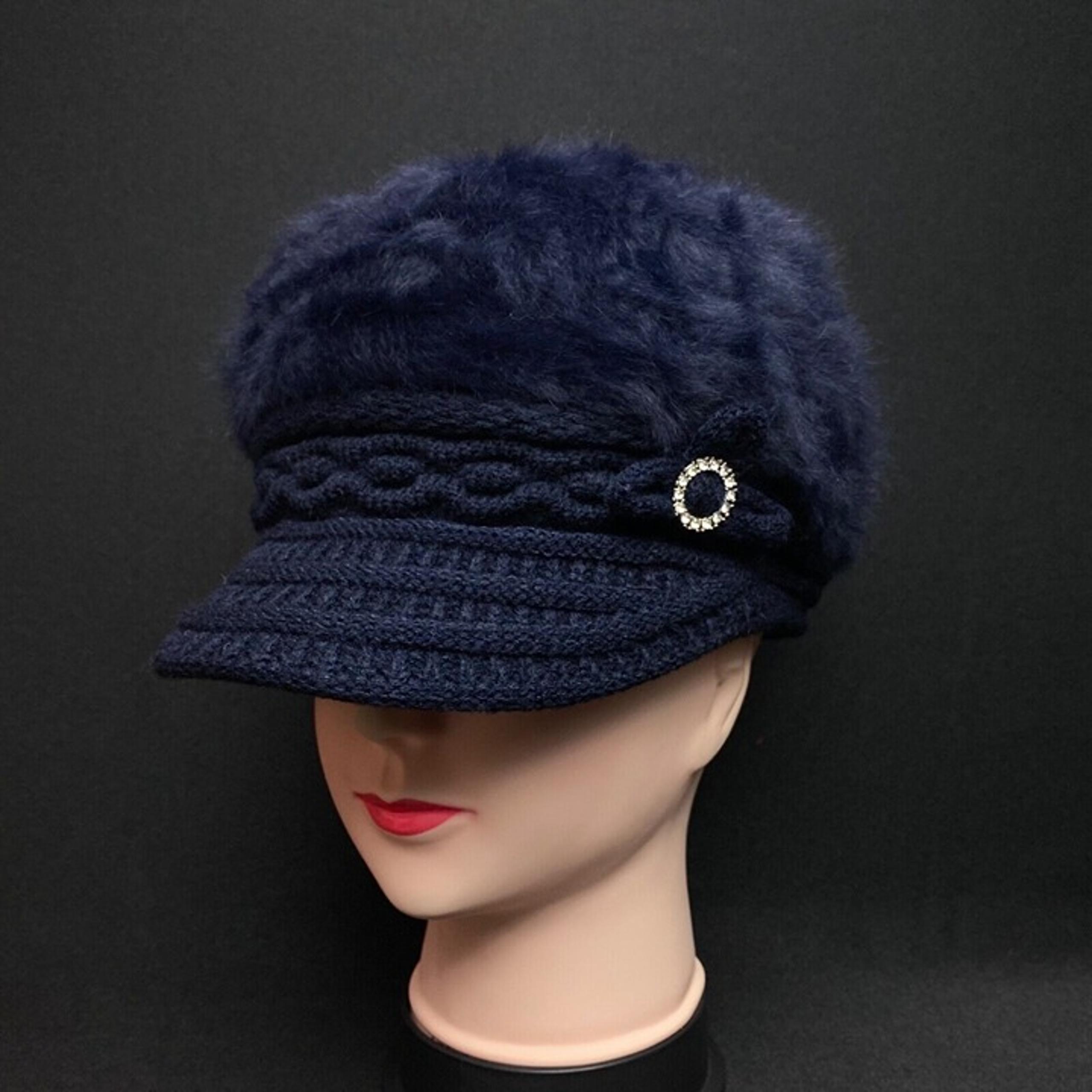 Women's Winter Beanie Fur Beret Baggy Hat Visor Knitted Warm Cap Navy